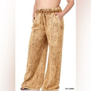 ZENANA Brown Mineral Wash High Waist Wide Leg Lounge Pants